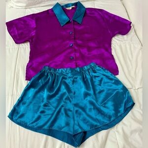 Vintage Bright Satin Pajama Sleep Set Shirt & Shorts Gold Label Victorias Sectet